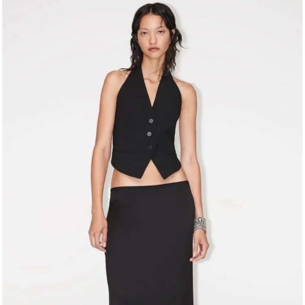 Zara Black Halter Waistcoat Vest Cropped Button Front Tuxedo Top